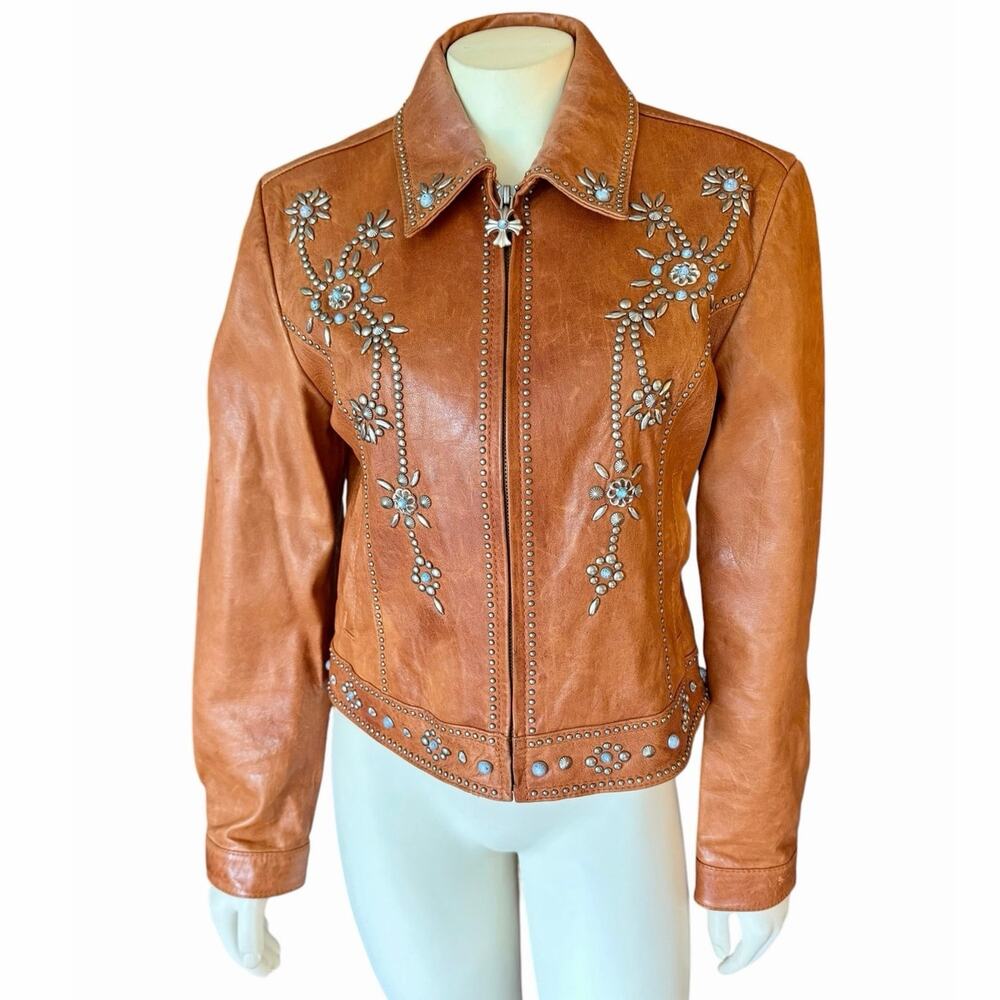 Cripple Creek Leather Jacket Women Small Tan Studded Turquoise Western Cross Zip